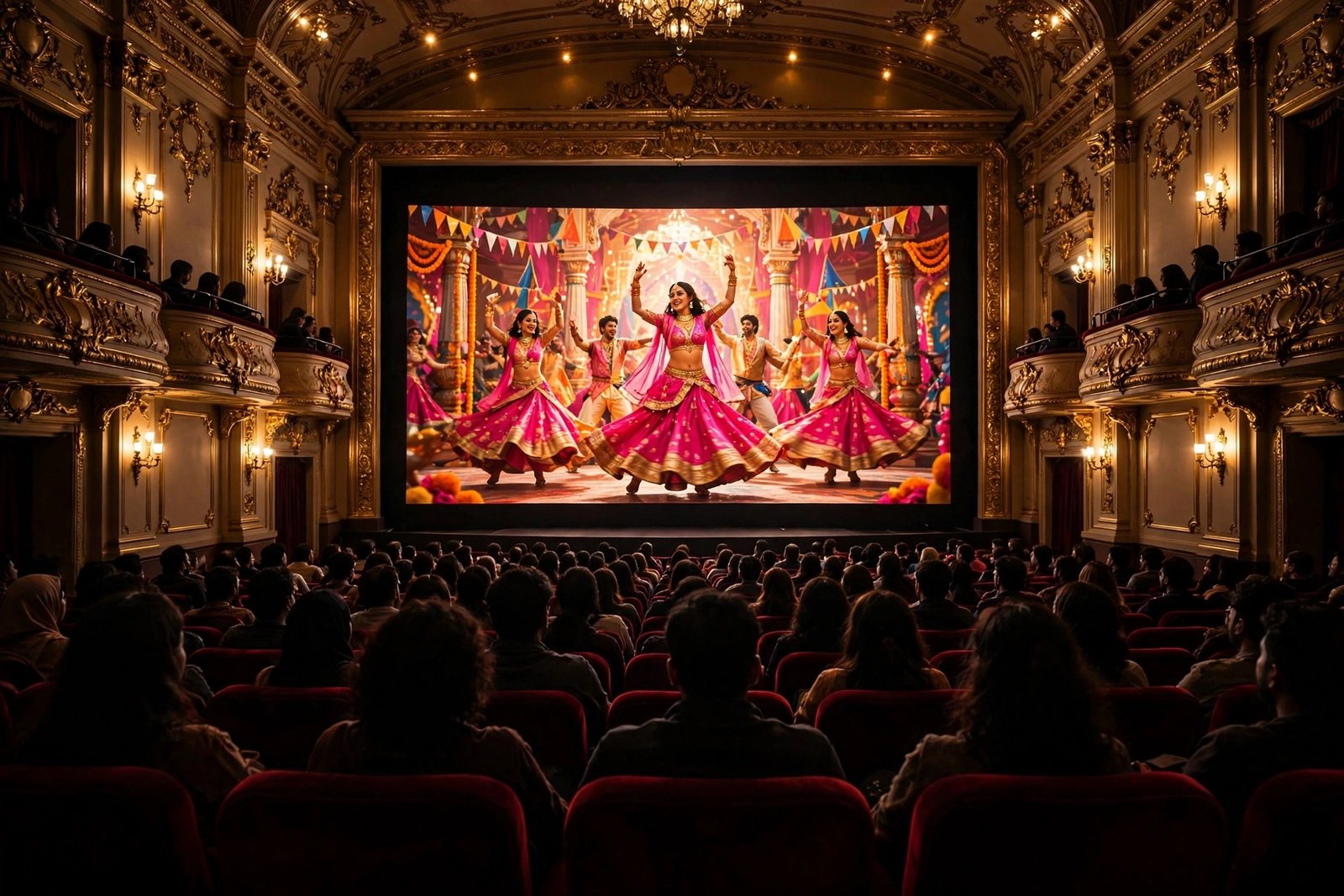 A grand cinema hall glowing with golden light as a diverse audience watches a large screen showing a colourful Bollywood dance sequence