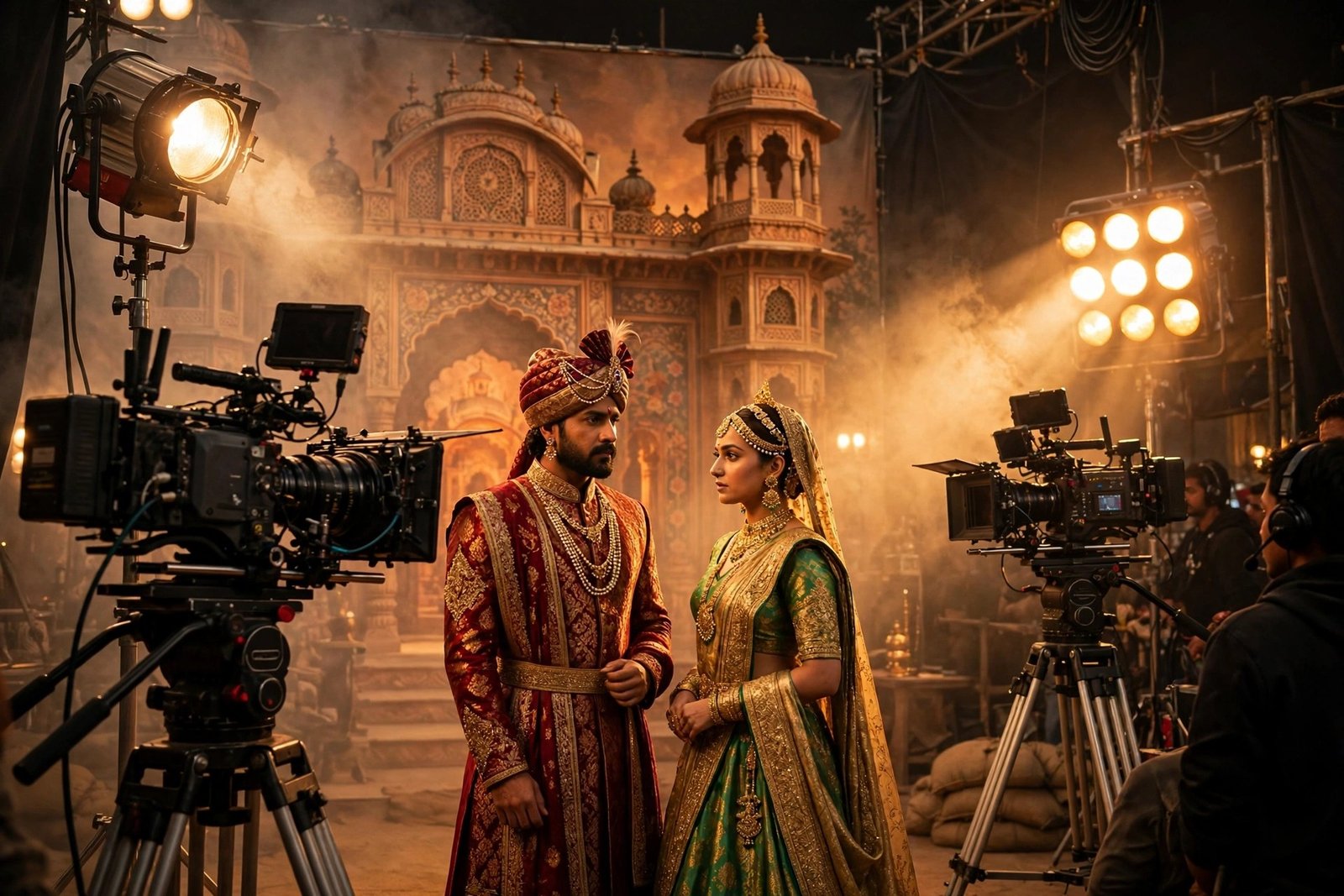 A dramatic movie set with cameras and warm spotlights filming an epic period scene with actors in traditional Indian royal costumes