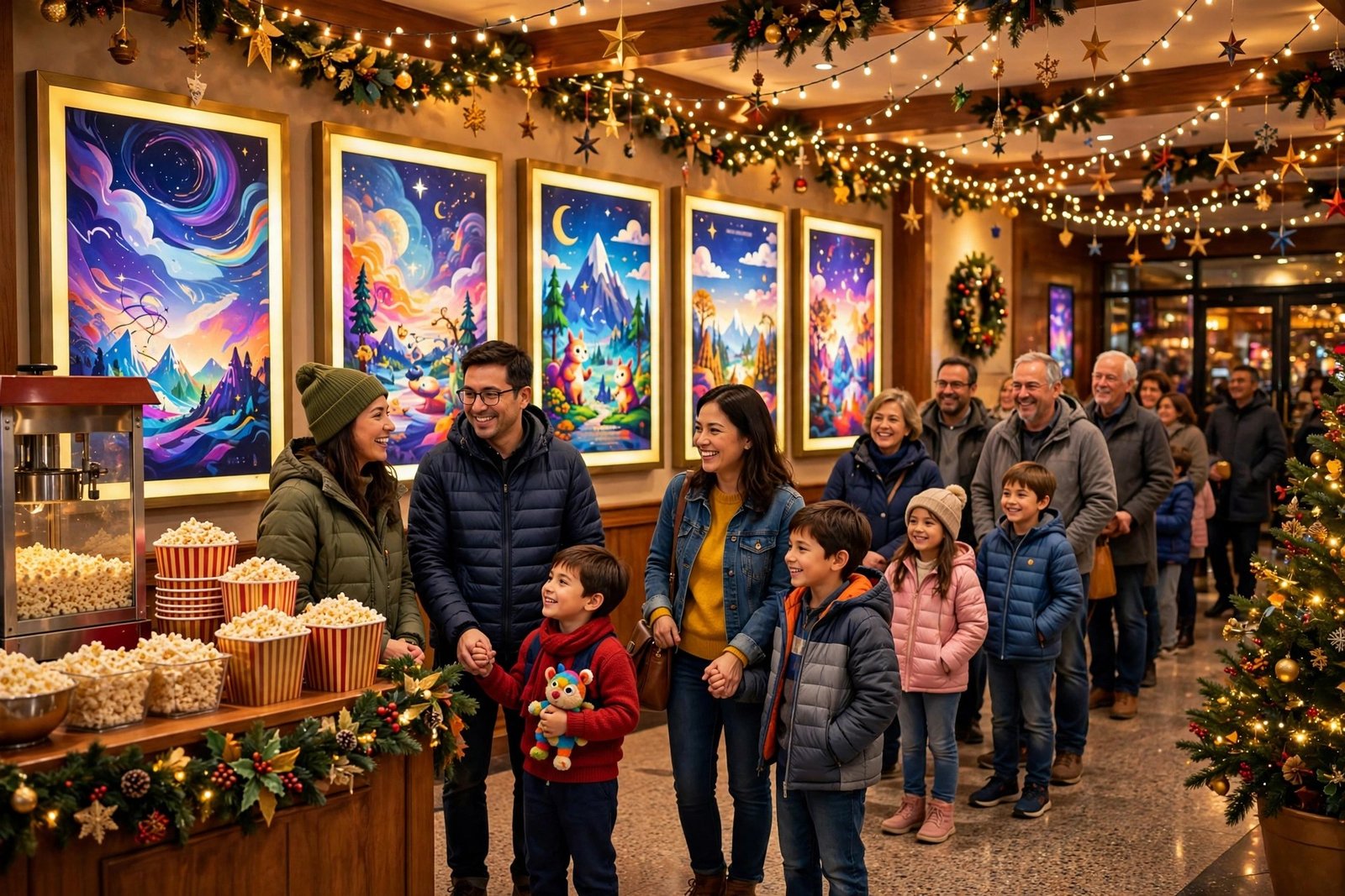 A festive cinema lobby decorated for a holiday release weekend with families queuing beneath glowing movie posters and string lights