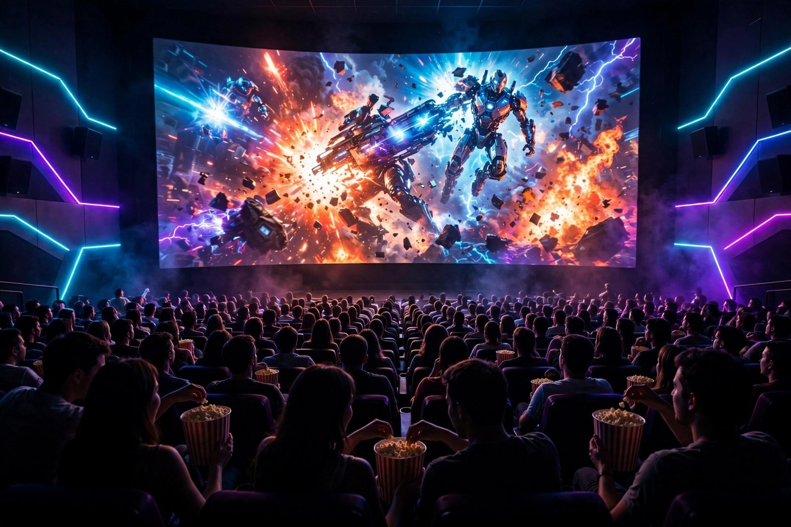 A packed modern cinema with a glowing big screen, silhouetted audience members sharing popcorn during a summer blockbuster night
