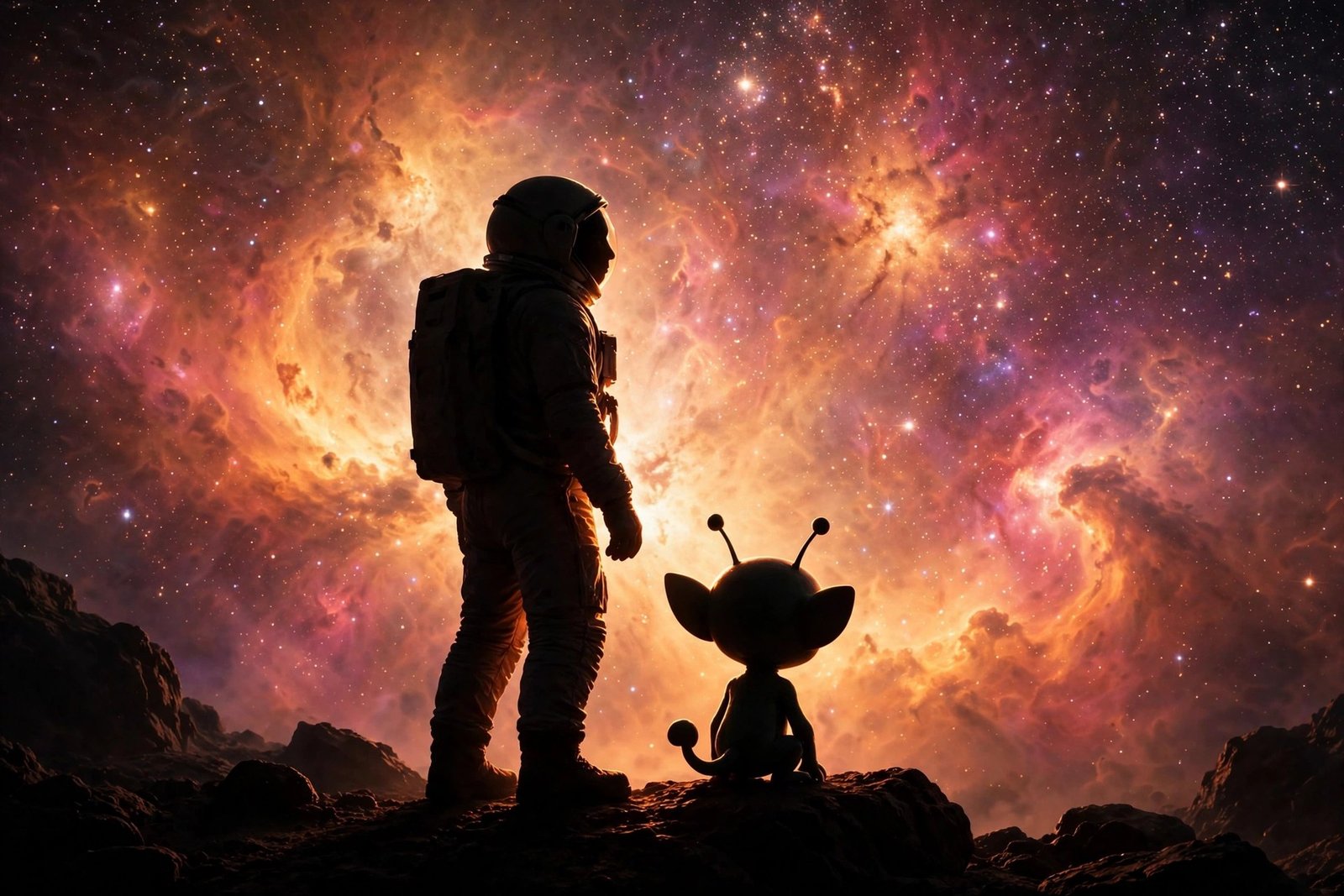 A lone astronaut figure and a small alien companion silhouetted against stars, in warm cinematic light, evoking hopeful science-fiction adventure