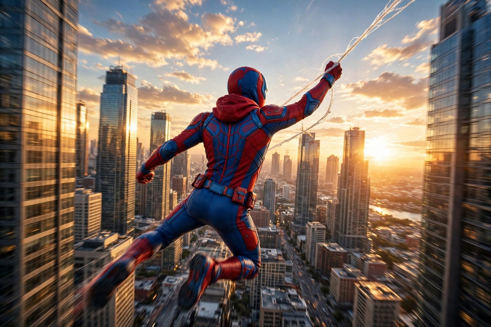A masked young hero swinging between sunlit city towers at golden hour, seen from behind, in a joyful blockbuster style