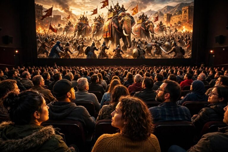 A packed cinema audience watching a colourful large-scale historical battle scene on a huge screen, warm golden light on their faces