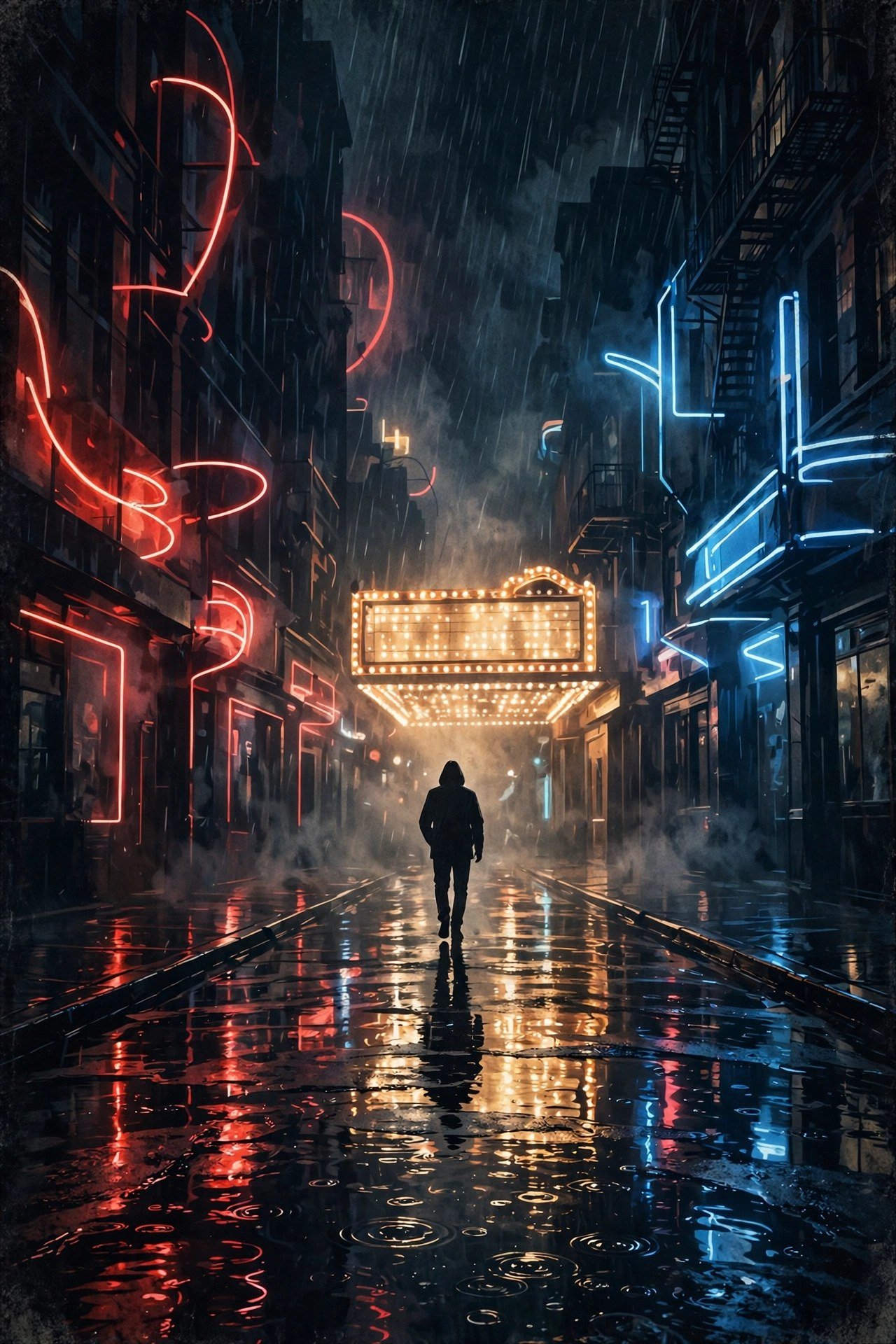 A moody cinematic street scene at night with neon signs in warm reds and blues, a lone figure walking toward bright theatre lights