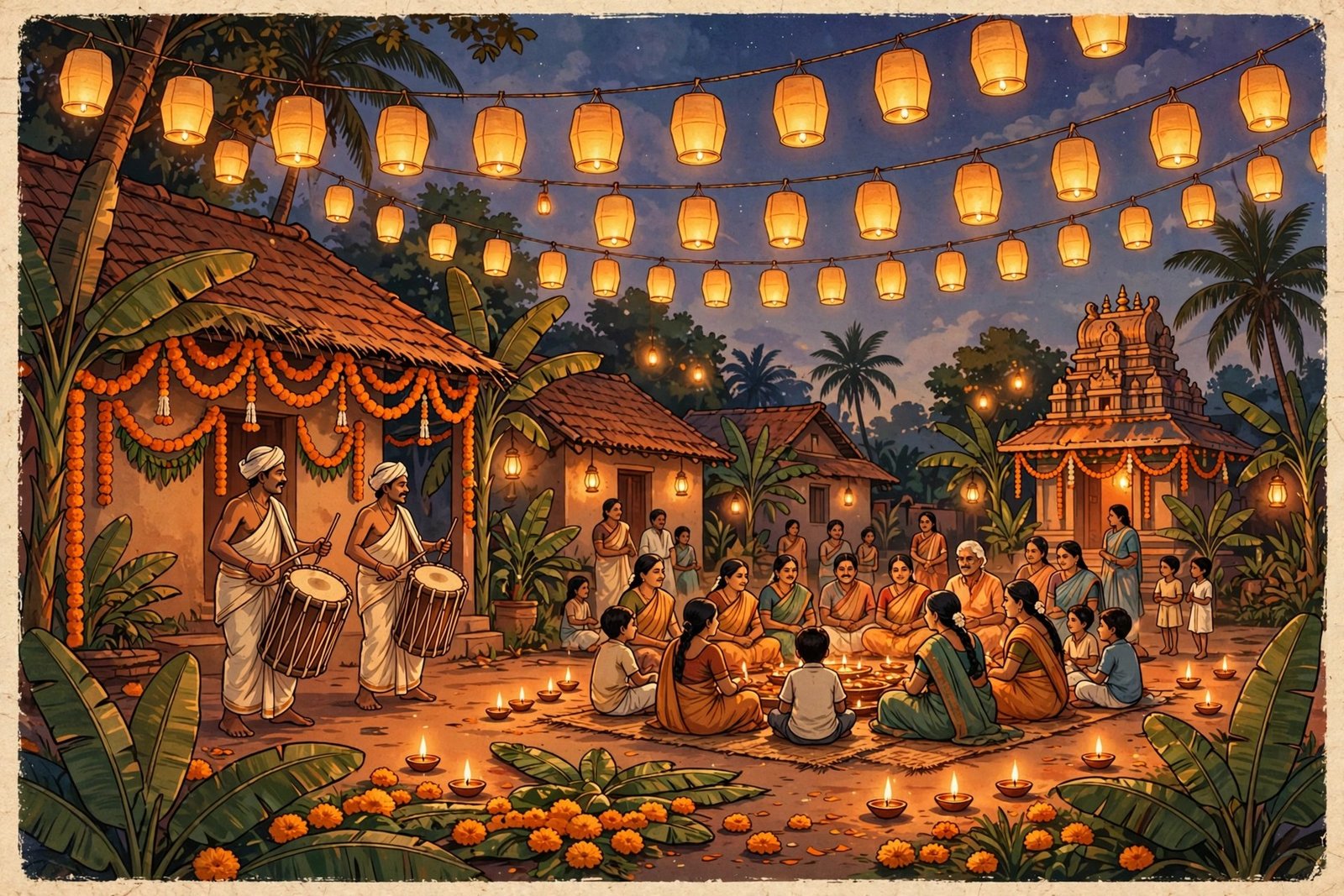 A warm cinematic scene of a small village celebration at dusk with lanterns, traditional drummers, and families gathered in soft orange light