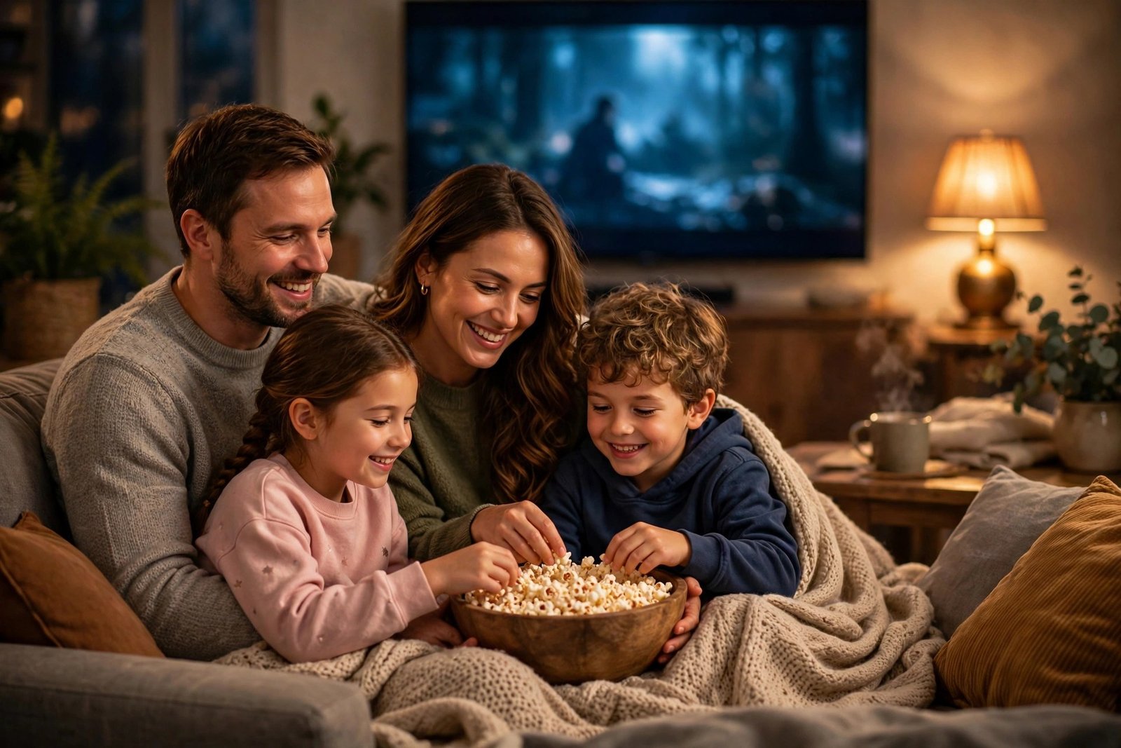 A cosy living room cinema scene with parents and children sharing popcorn under a soft blanket, warm lamplight and a glowing television screen
