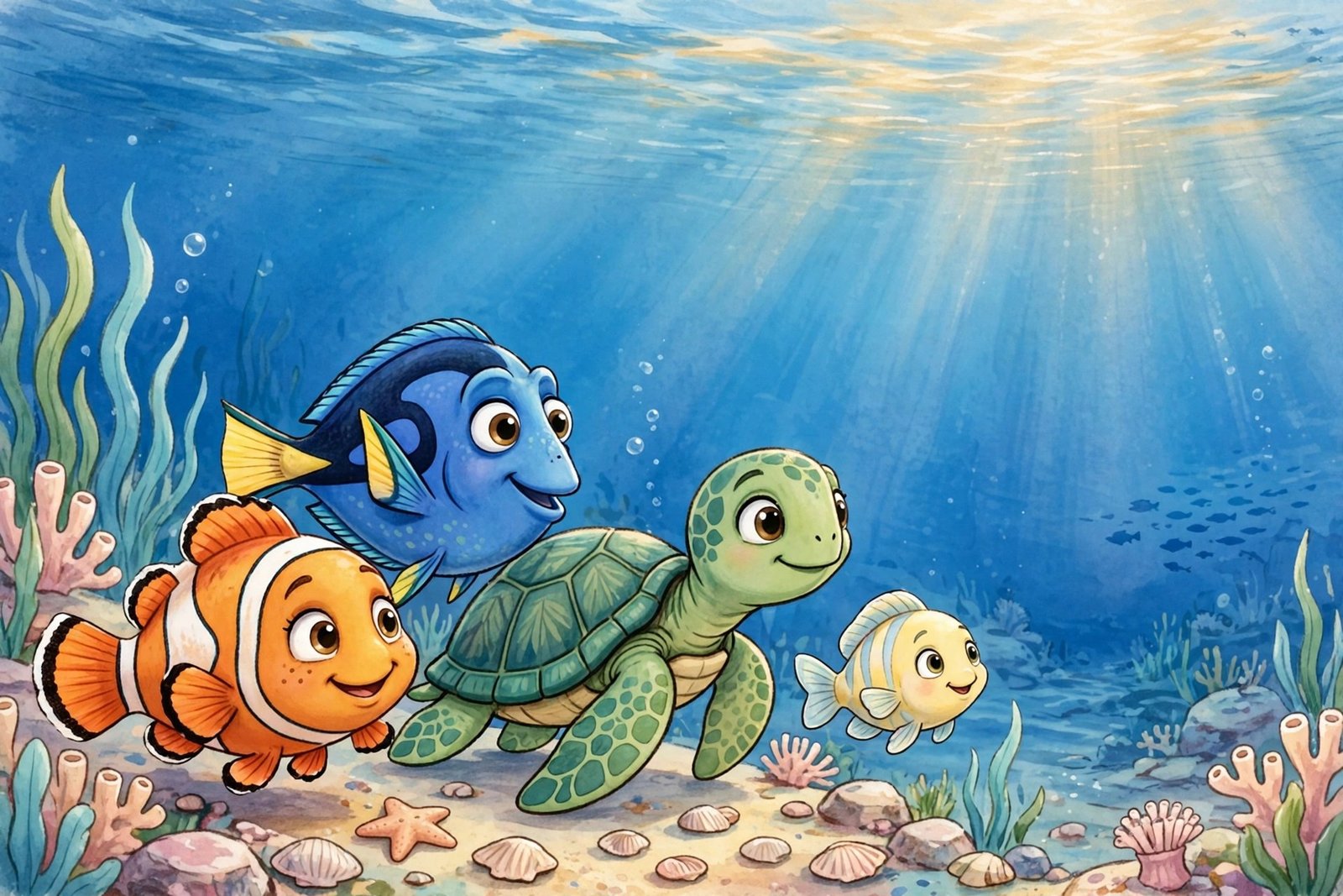 A cheerful animated-style scene of a family of colourful sea characters and a small lost fish looking out at a vast blue ocean