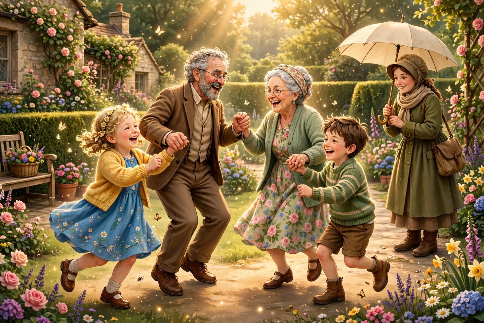 A joyful cinematic scene of children and grandparents dancing in a sunlit garden while a friendly nanny figure holds an umbrella nearby