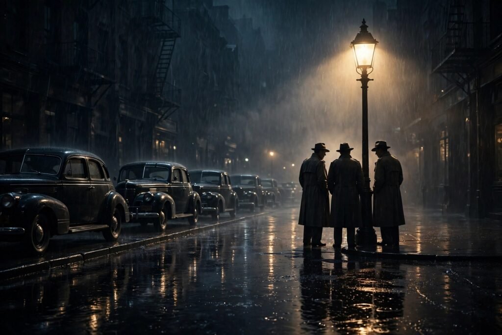 A moody cinema-style scene of a rain-slick city street at night, silhouetted figures in long coats under a glowing streetlamp, with vintage cars parked along the curb