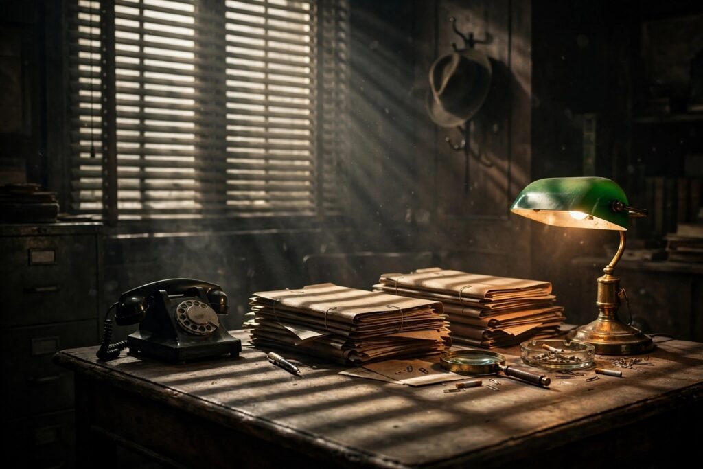 A cinematic scene inside a dim, old-fashioned detective office, venetian blinds casting striped light across a desk covered with case files and a rotary telephone