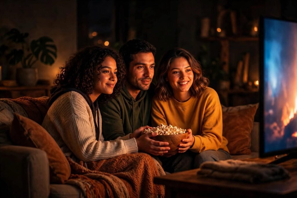 A warm cinematic scene of friends gathered on a sofa in a dark living room, faces lit by the glow of a large screen, with a bowl of popcorn shared between them