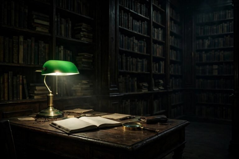 A cinematic scene of a vintage library room lit by a green desk lamp, with an open notebook, a magnifying glass, and shadowy bookshelves stretching into darkness