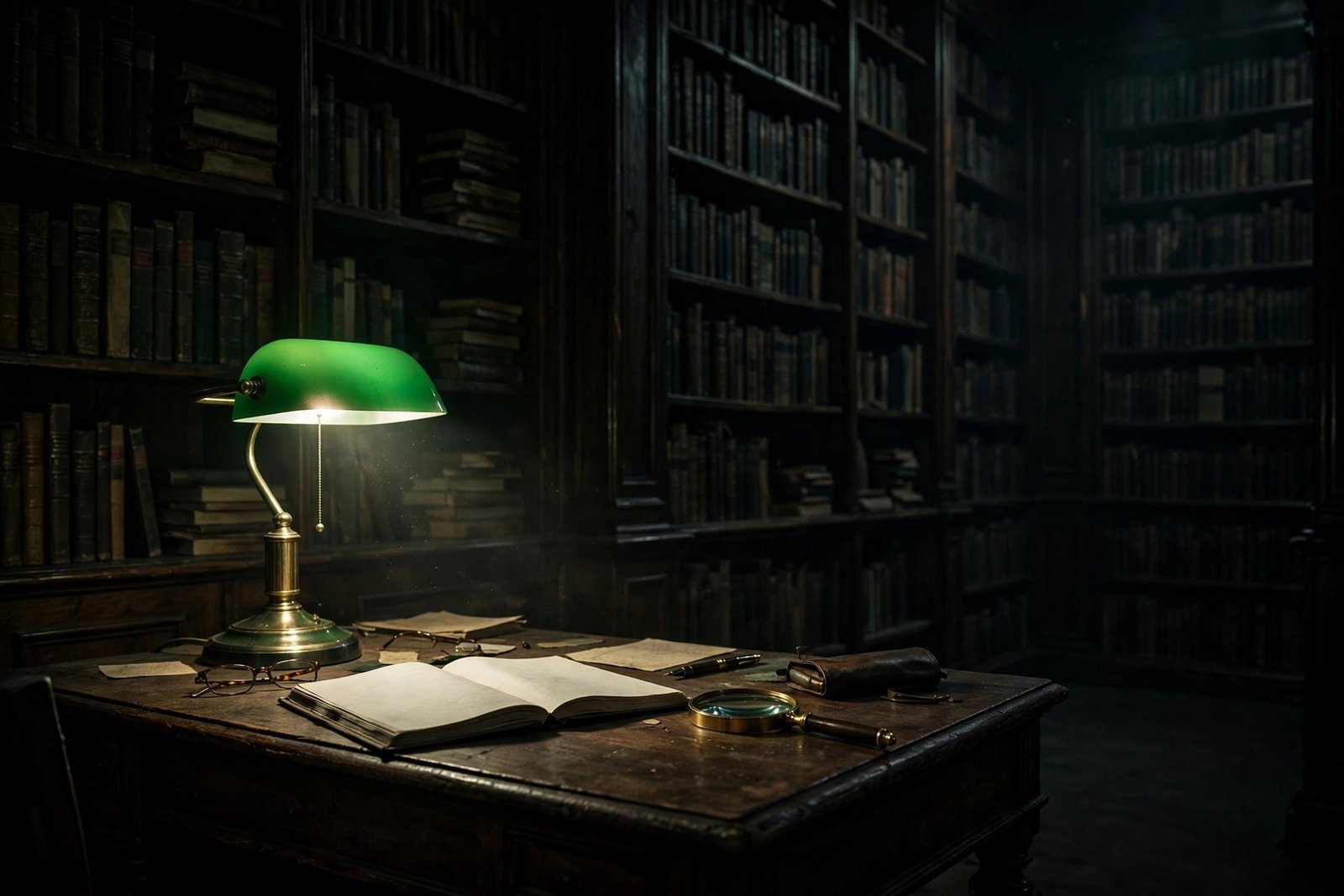 A cinematic scene of a vintage library room lit by a green desk lamp, with an open notebook, a magnifying glass, and shadowy bookshelves stretching into darkness
