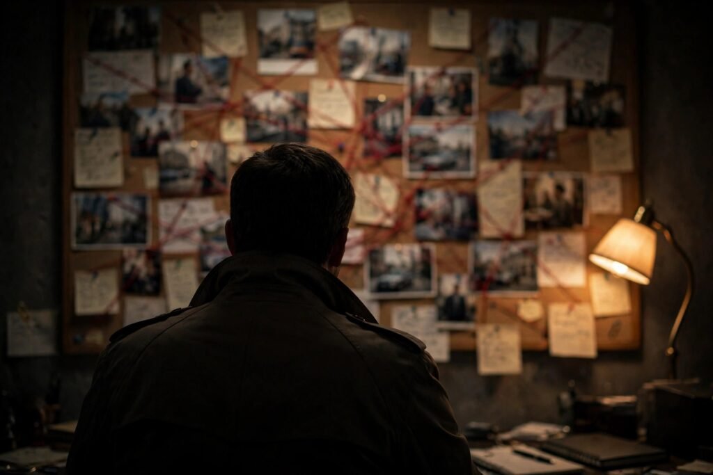 A cinematic scene of a detective's evidence wall in soft lamplight, covered with blurred photographs, string, and handwritten notes, viewed from behind a silhouetted investigator