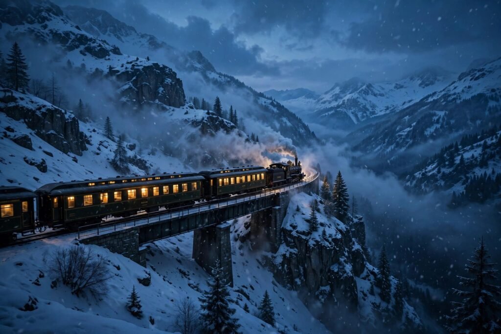 A cinematic scene of an old passenger train crossing a snowy mountain pass at dusk, warm light glowing from its windows against the blue evening landscape