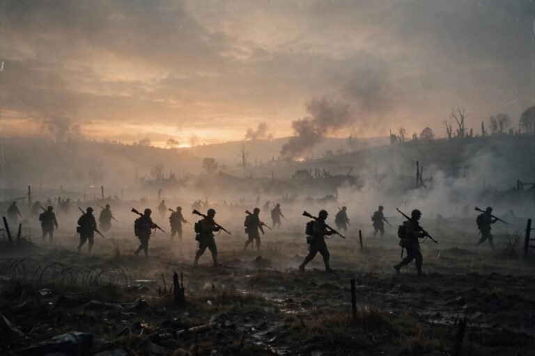 A cinematic wide shot of soldiers silhouetted against a misty dawn battlefield, vintage film grain, no identifiable faces