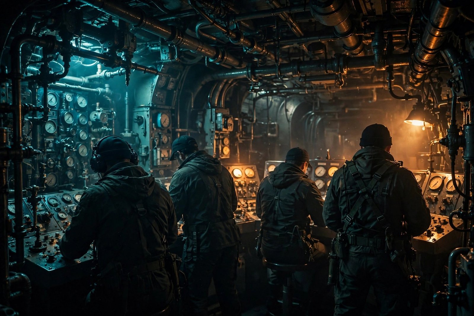 A cinematic scene inside a dim submarine control room with tense crew members at their stations, teal and amber lighting, no identifiable faces