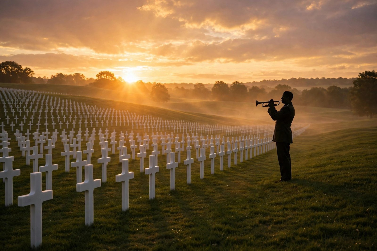 A cinematic image of a lone bugler playing at sunset beside rows of white memorial crosses, soft golden light, no identifiable faces