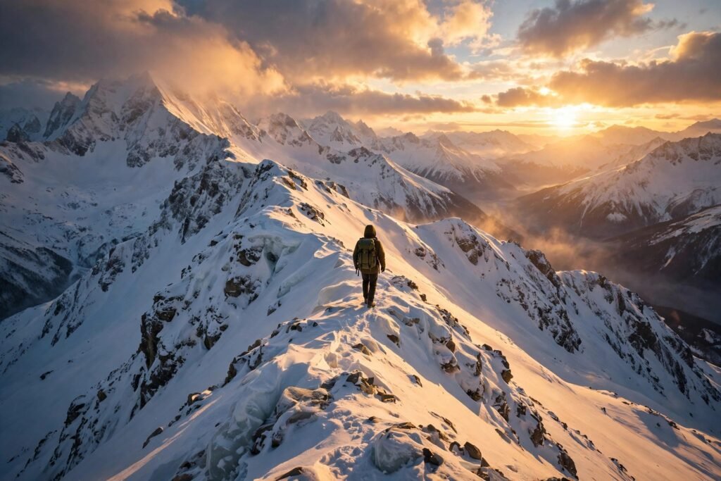 A cinematic scene of a lone traveler with a backpack crossing a vast snowy mountain ridge at golden hour, no identifiable face