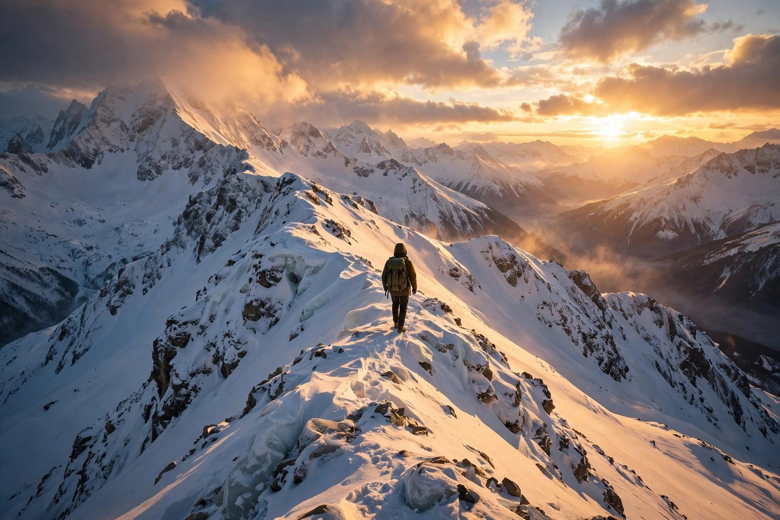 A cinematic scene of a lone traveler with a backpack crossing a vast snowy mountain ridge at golden hour, no identifiable face