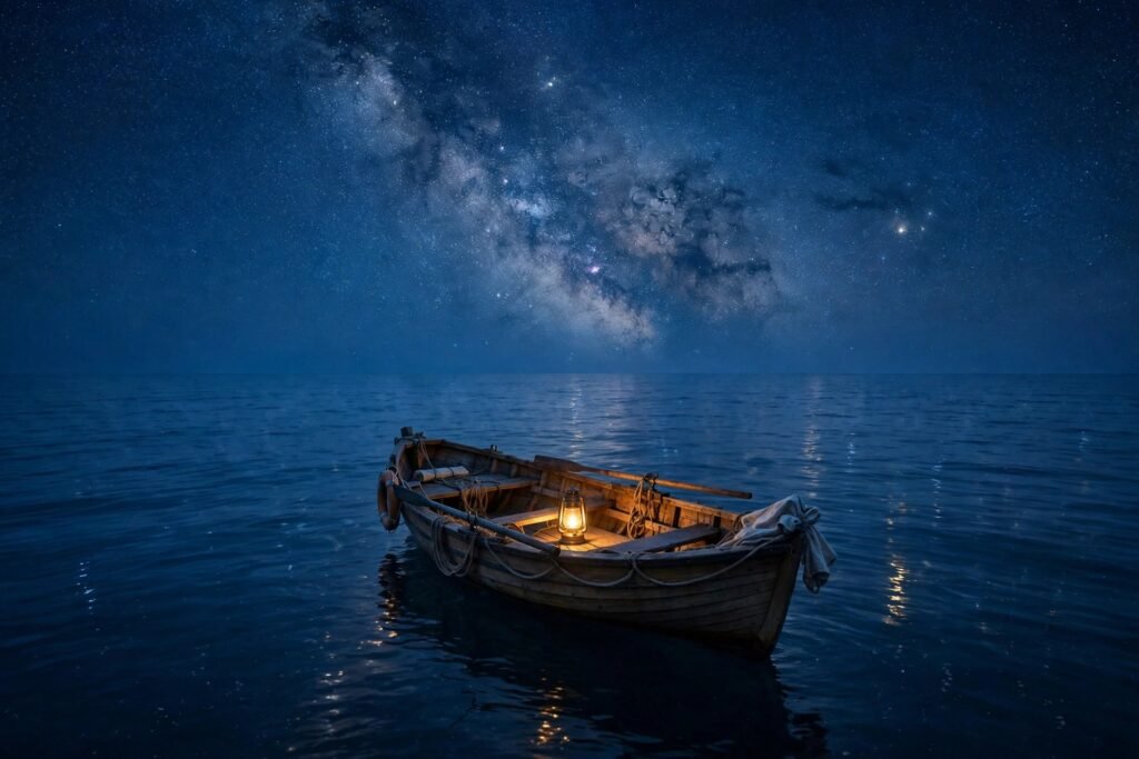 A cinematic scene of a small lifeboat on a vast calm ocean beneath a huge starry sky, a single lantern glowing, no identifiable faces