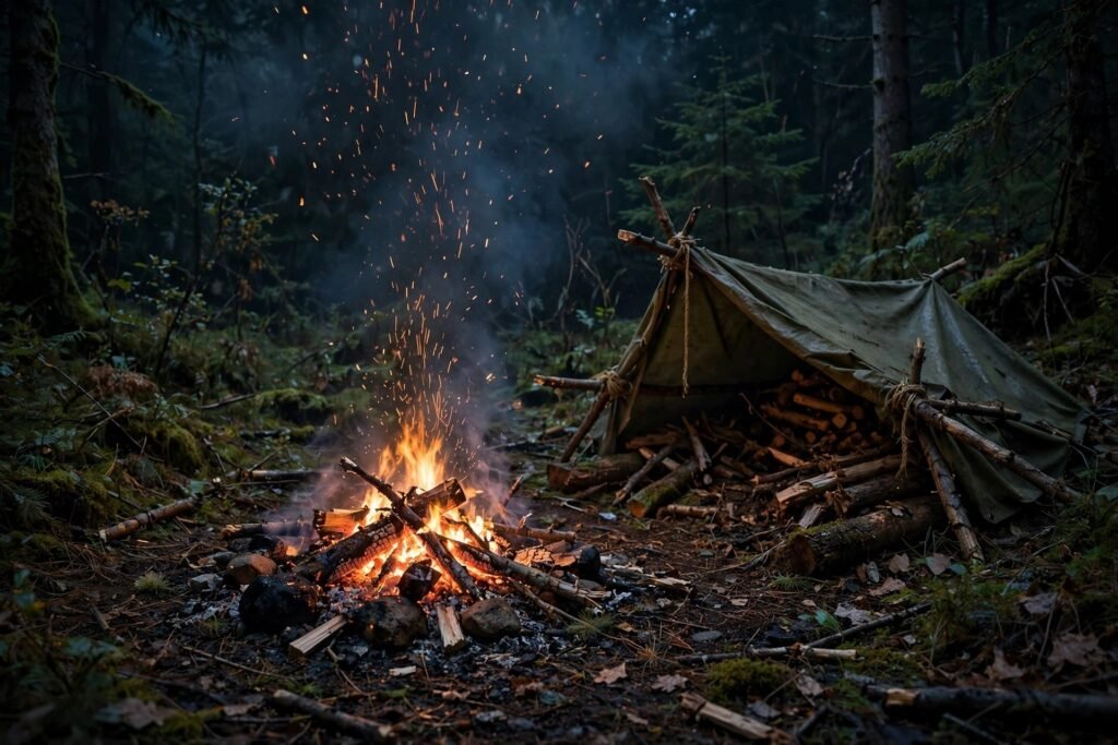 A cinematic image of a campfire glowing in a dark forest clearing with a small shelter nearby, embers rising into the night, no identifiable faces