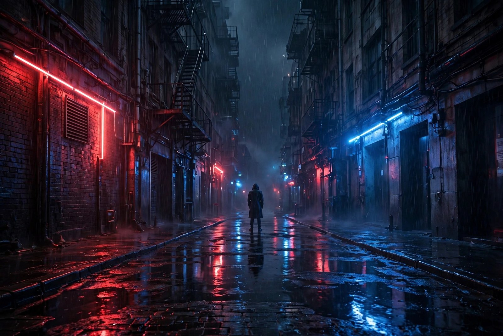 A lone figure standing in a rain-soaked neon-lit city alley at night, cinematic wide shot, moody and dramatic