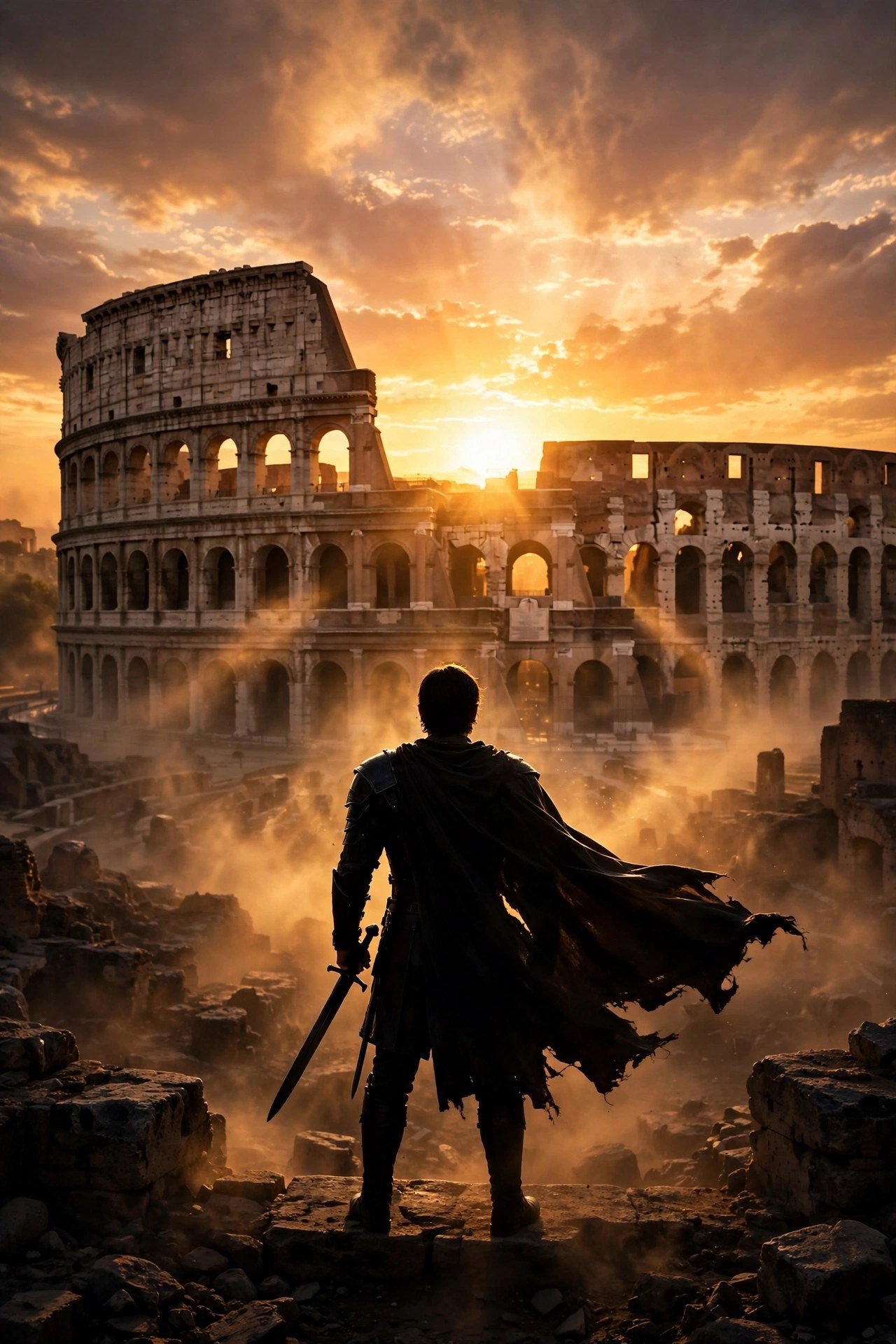 A determined hero silhouetted against a grand ancient arena at sunset, cinematic epic scene with dramatic golden light