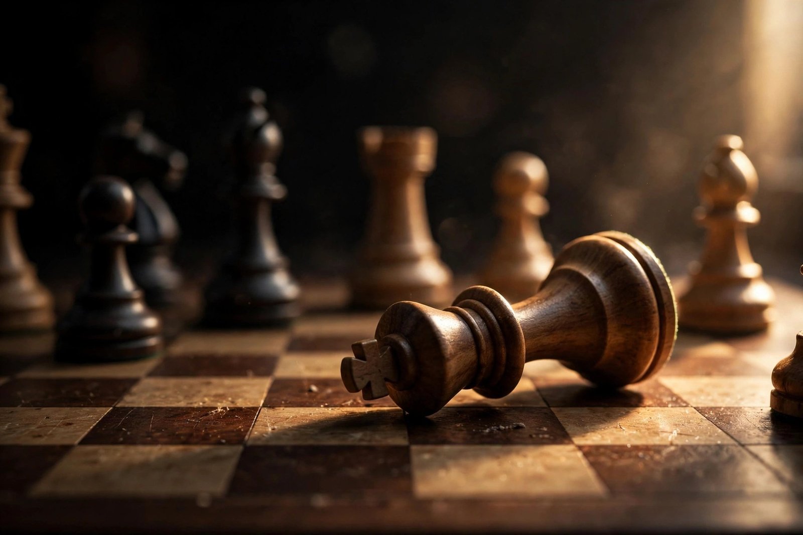 Close-up of a chessboard mid-game with dramatic side lighting, a single piece toppled, cinematic and symbolic