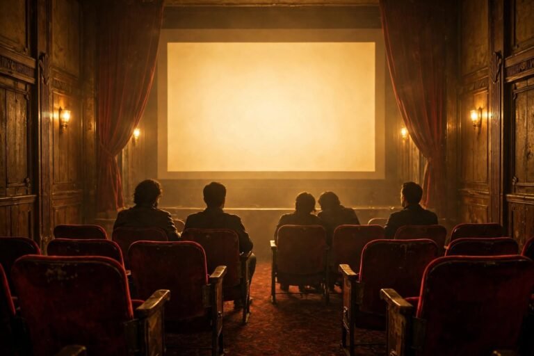A cosy vintage cinema with a single glowing screen and a small audience, warm cinematic atmosphere