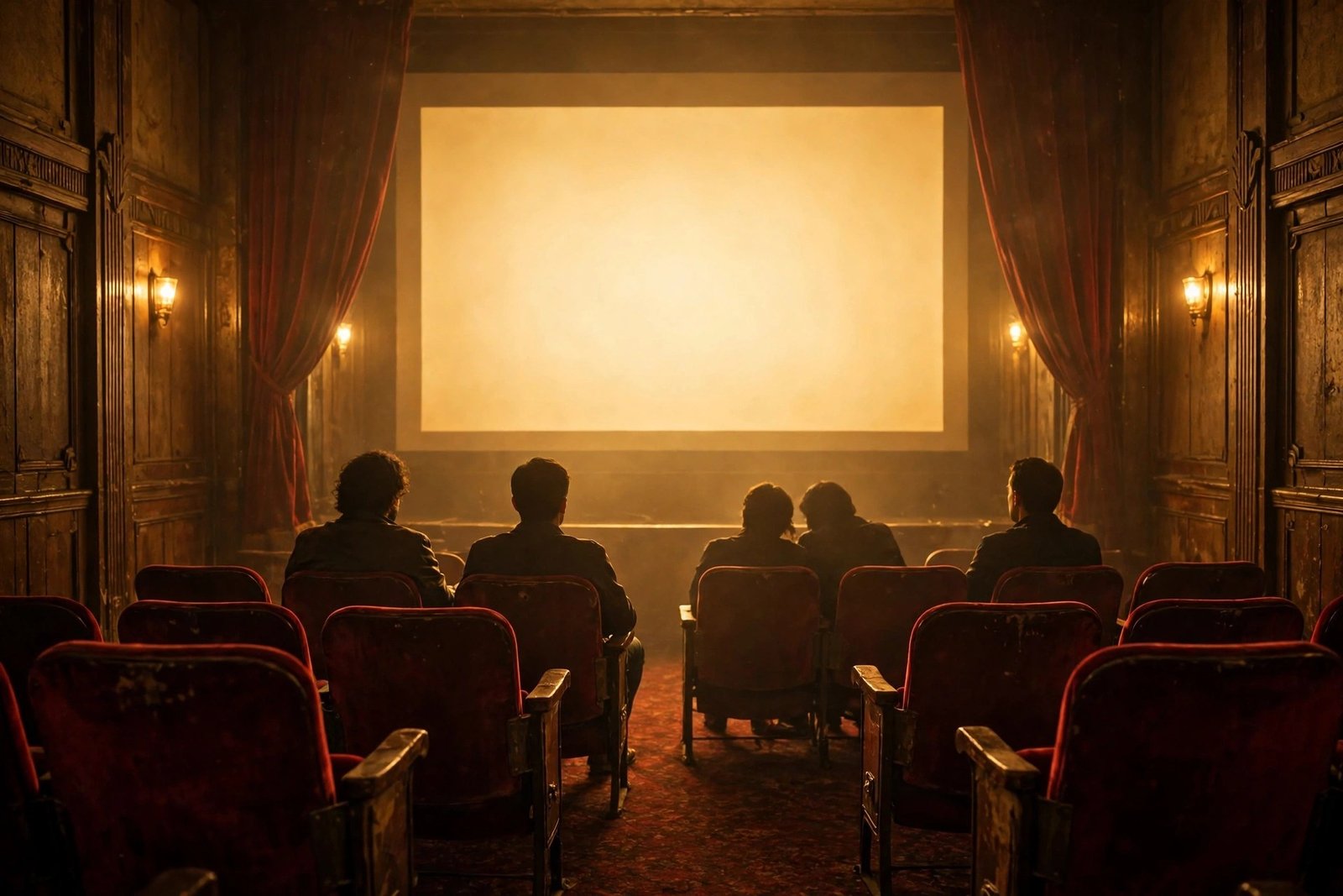 A cosy vintage cinema with a single glowing screen and a small audience, warm cinematic atmosphere