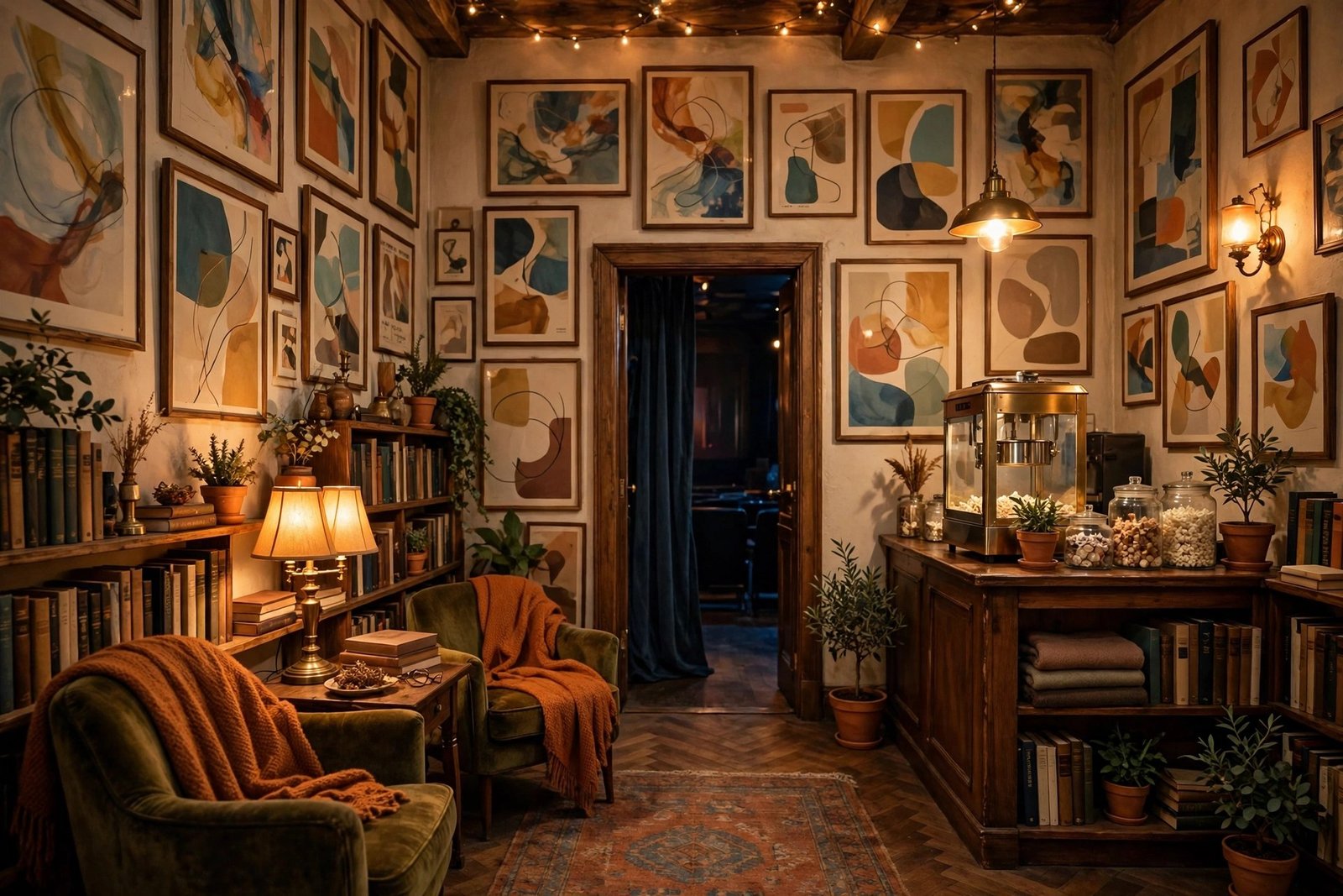 A small independent bookshop-style cinema lobby filled with vintage film posters and warm lamplight, cinematic detail
