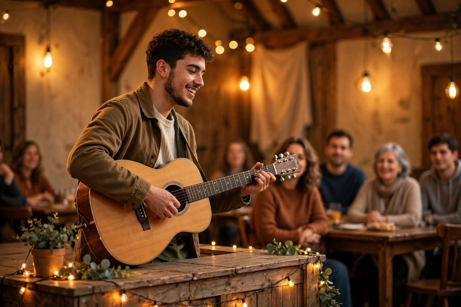 A young musician performing on a small stage in a warmly lit hall, joyful cinematic scene with soft golden light