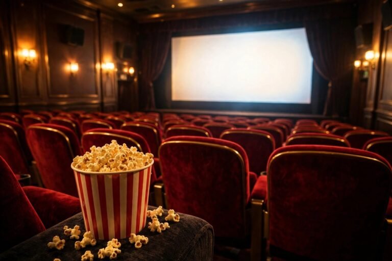 A warm, golden-lit cinema auditorium with rows of red velvet seats facing a glowing screen, popcorn in the foreground, generic cinematic atmosphere with no actors or posters visible