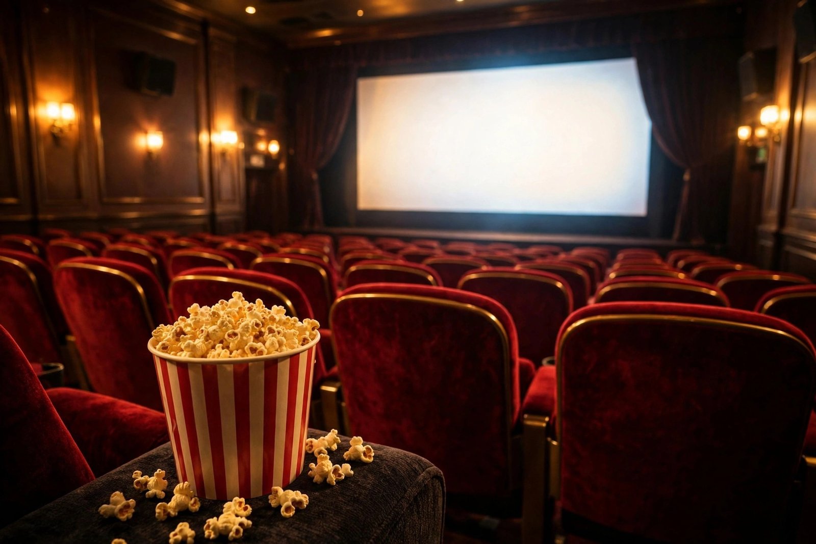 A warm, golden-lit cinema auditorium with rows of red velvet seats facing a glowing screen, popcorn in the foreground, generic cinematic atmosphere with no actors or posters visible