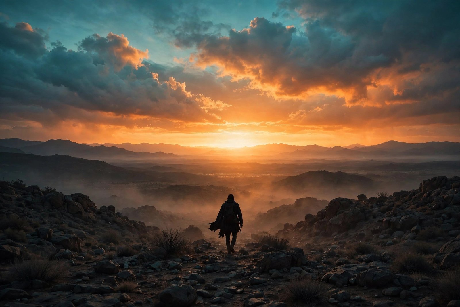 A dramatic generic cinematic scene of a lone silhouette walking toward a vast glowing horizon at dusk, evoking an epic film journey, no actors or recognisable characters