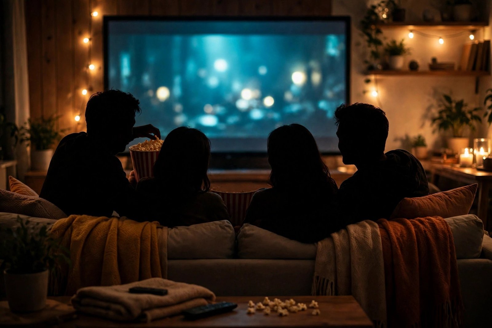 A cosy home cinema scene with friends silhouetted on a sofa sharing popcorn in front of a softly glowing screen, generic and warm, no actors or posters visible