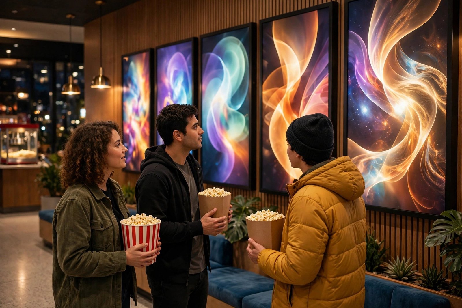 A warm, inviting cinema lobby in the evening with friends choosing a film from glowing posters, popcorn in hand, generic cinematic scene with no real actors or movie posters