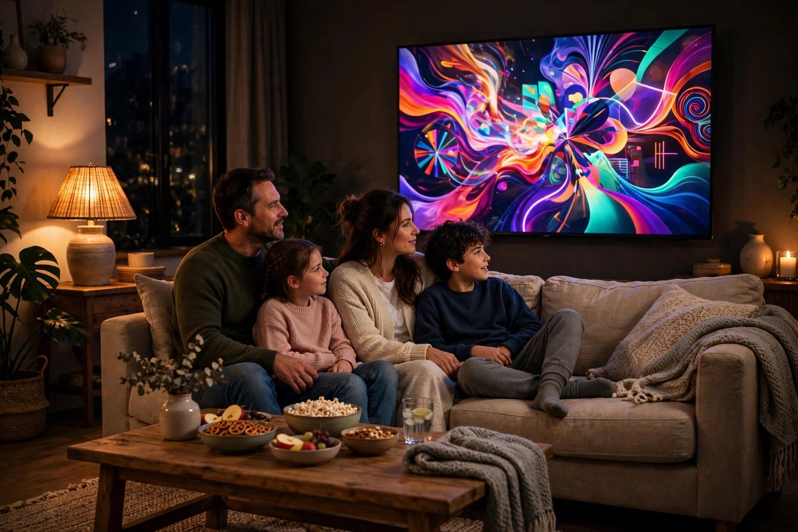 A cosy living room at night with a family watching a new film on a large TV, bowls of snacks on the coffee table, soft lamp light, generic cinematic scene