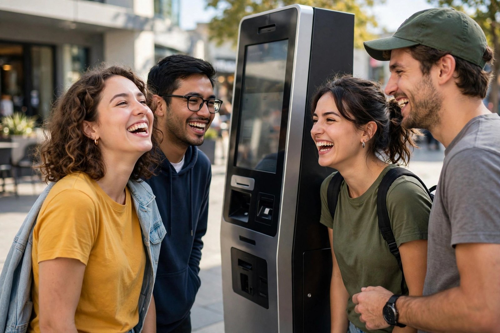 A small group of friends laughing while buying cinema tickets at a self-service kiosk on a bright weekend afternoon, generic cinematic scene with no real actors