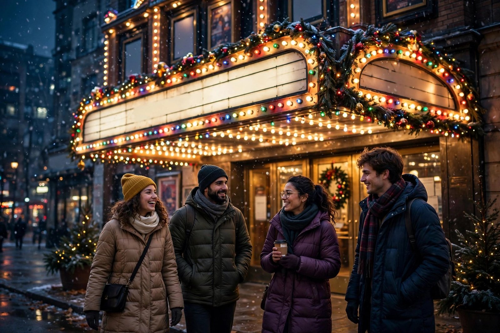 A festive cinema marquee glowing in early winter darkness with friends wrapped in coats arriving for an evening show, generic cinematic scene with no real actors or movie posters
