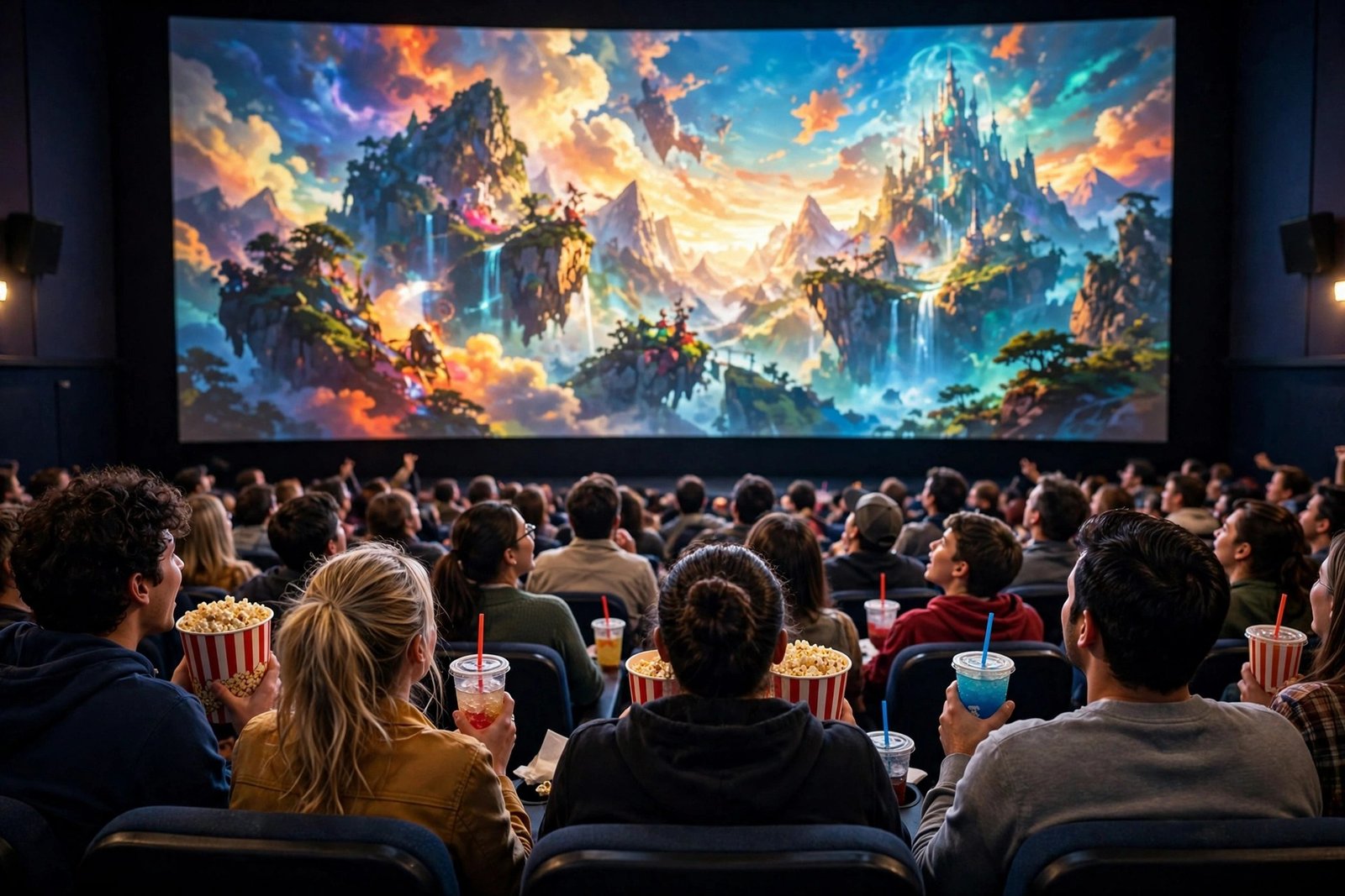 An excited audience in a packed cinema watching a bright, epic adventure on a huge screen, seen from behind with popcorn and soft drinks, generic cinematic scene