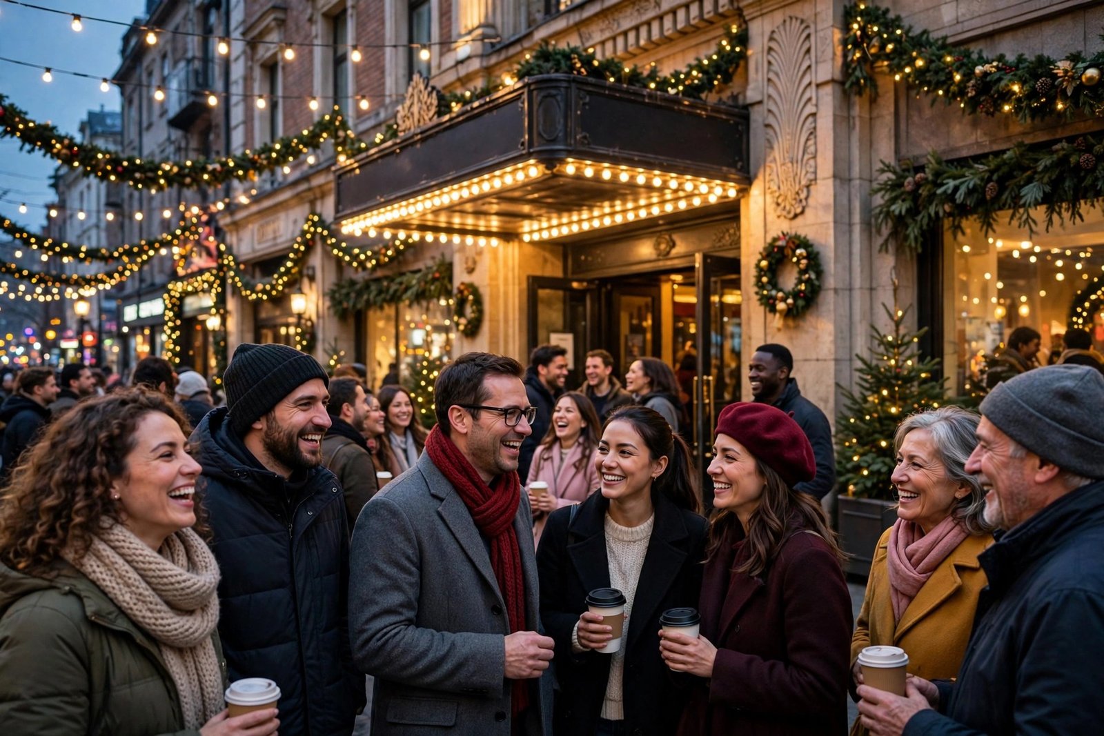 A joyful crowd leaving a cinema on a festive December evening with lights and decorations in the street outside, generic cinematic scene with no real actors