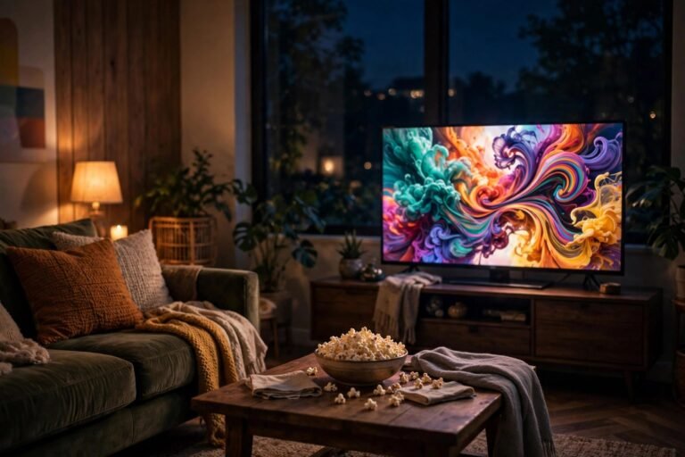 A cosy living room at night with a glowing television screen, popcorn on the coffee table, and soft cinematic light