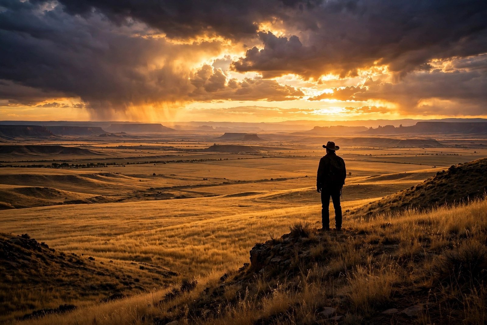 A lone figure silhouetted against a vast golden landscape at dusk, evoking a modern Western drama