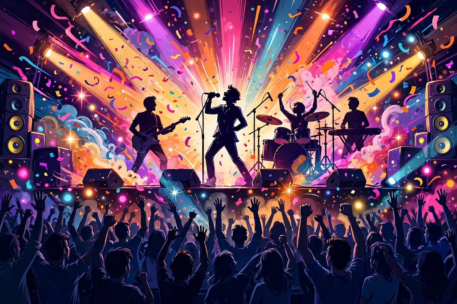 An animated concert stage bursting with colour, with silhouetted performers and a cheering crowd