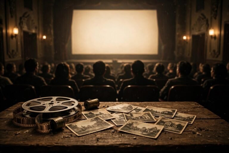 A vintage cinema scene with a softly glowing screen and silhouetted audience, old photographs and a film reel resting nearby, generic cinematic style with no actors or real posters.