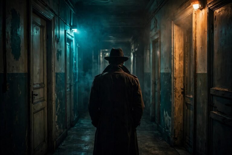 A shadowy figure standing in a dimly lit corridor, seen from behind, with moody cinematic lighting.