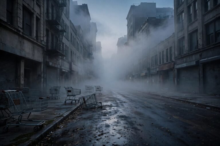A deserted city street at dawn, shopping carts abandoned and morning mist rolling between silent buildings.