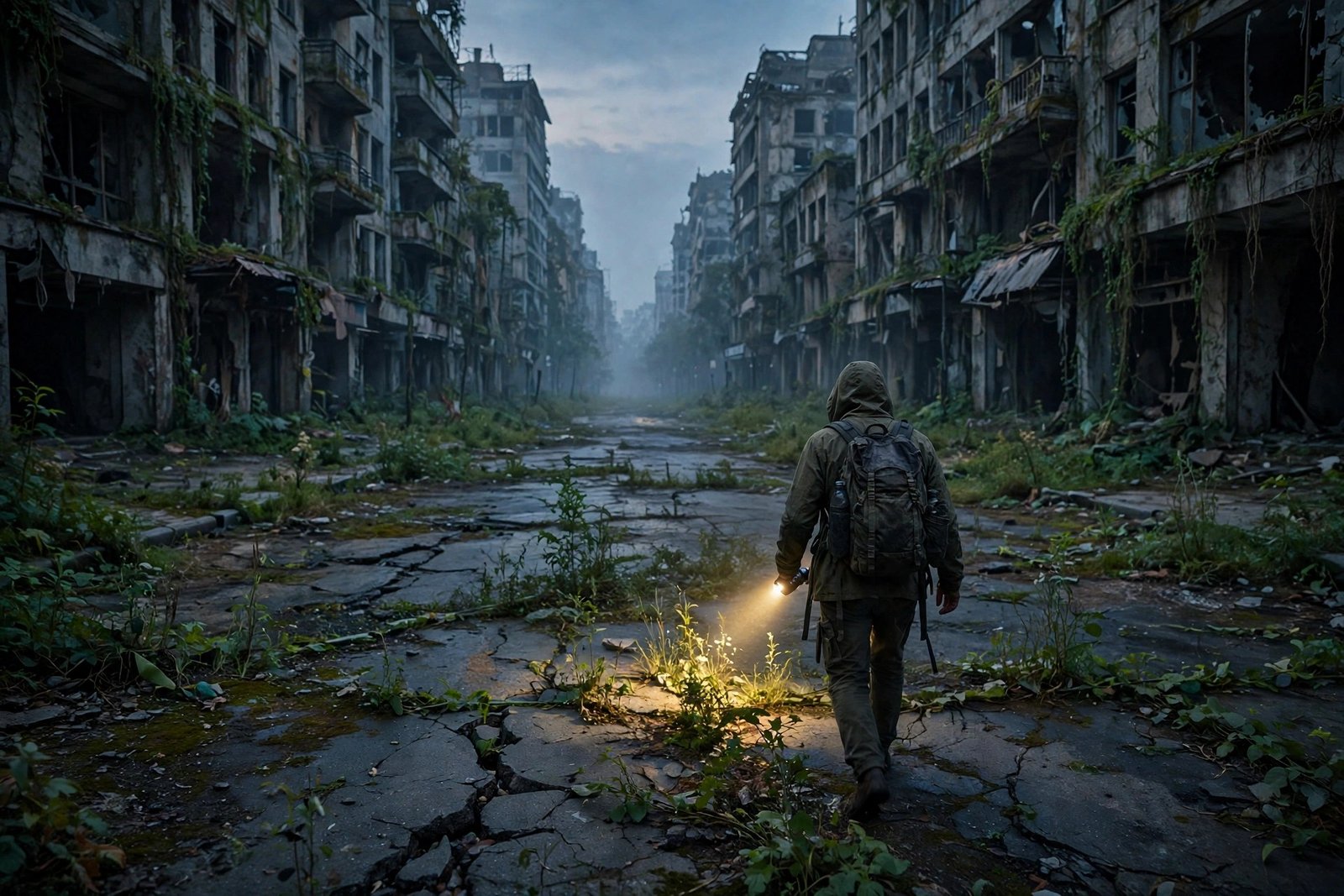 A lone survivor with a backpack and flashlight crossing an empty, overgrown city avenue at dusk.